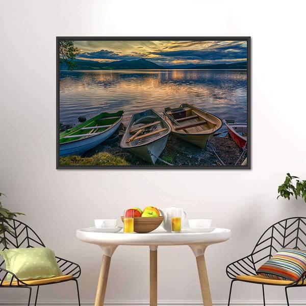 Boats Near Silence Lake Canvas Wall Art-3 Horizontal-Gallery Wrap-25" x 16"-Tiaracle