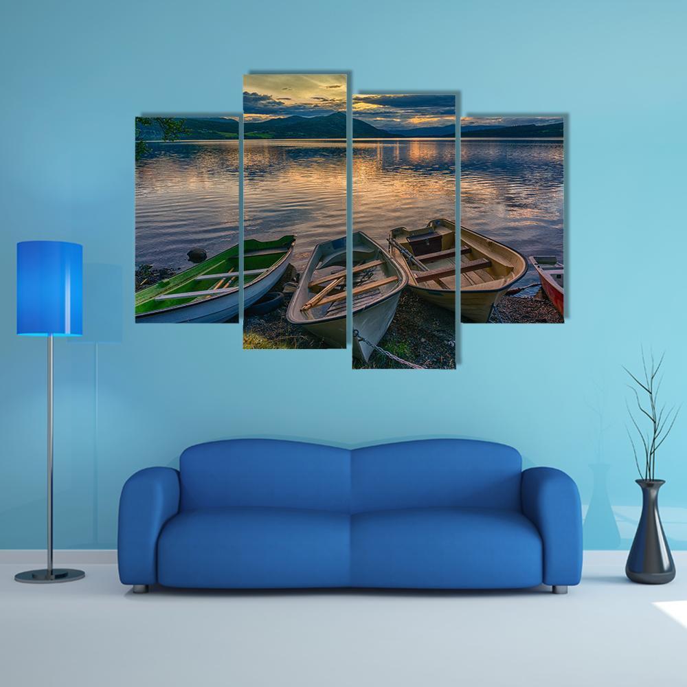 Boats Near Silence Lake Canvas Wall Art-4 Pop-Gallery Wrap-50" x 32"-Tiaracle
