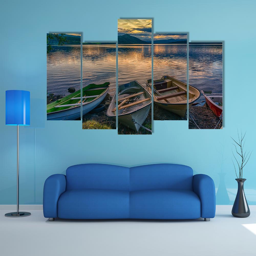 Boats Near Silence Lake Canvas Wall Art-5 Pop-Gallery Wrap-47" x 32"-Tiaracle