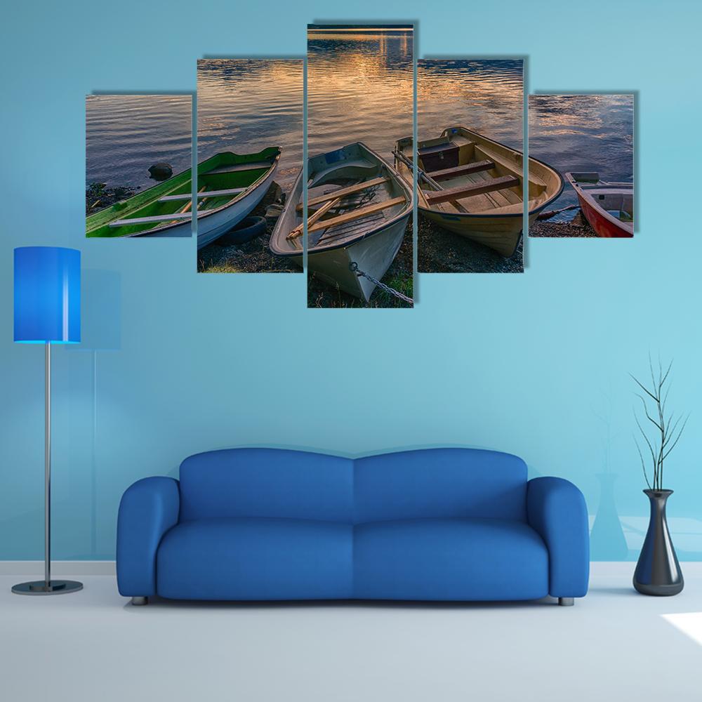 Boats Near Silence Lake Canvas Wall Art-5 Star-Gallery Wrap-62" x 32"-Tiaracle