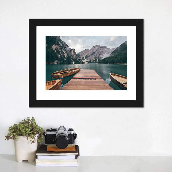 Boats On Lake Braies Canvas Wall Art-1 Piece-Framed Print-20" x 16"-Tiaracle