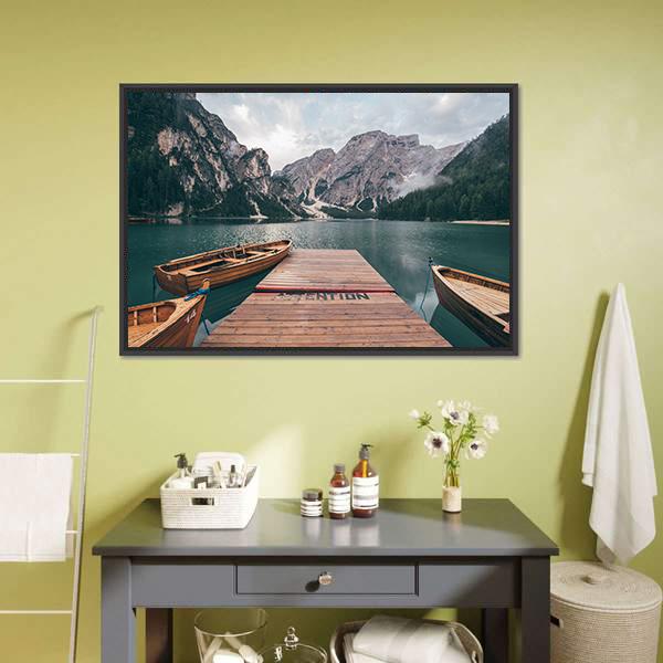 Boats On Lake Braies Canvas Wall Art-1 Piece-Floating Frame-24" x 16"-Tiaracle