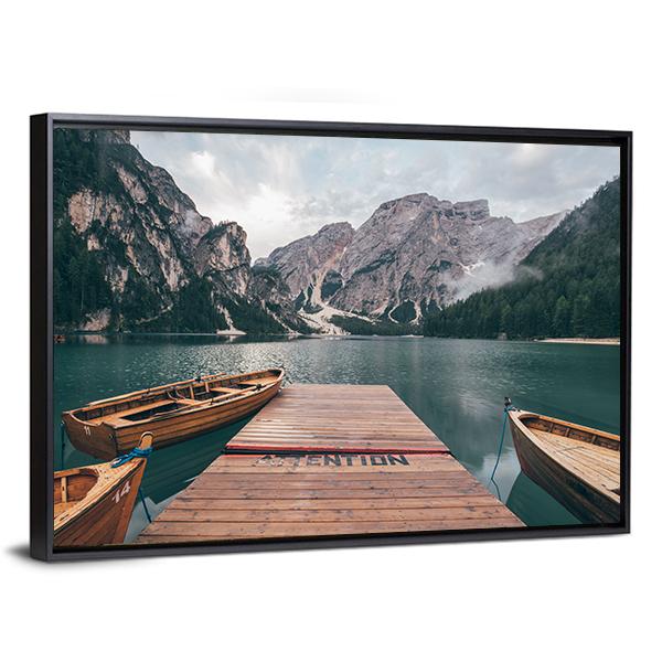 Boats On Lake Braies Canvas Wall Art-3 Horizontal-Gallery Wrap-25" x 16"-Tiaracle