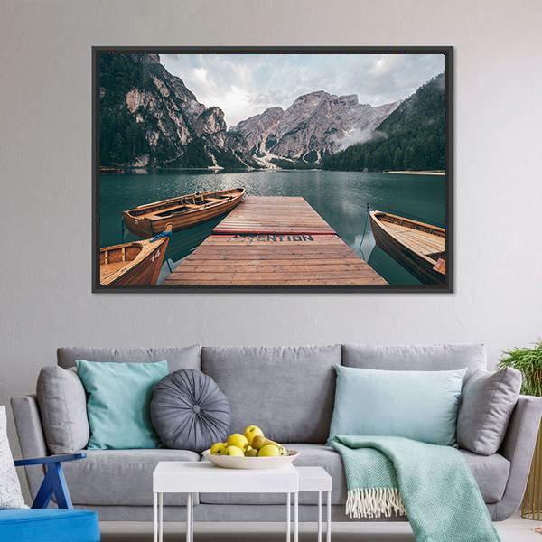 Boats On Lake Braies Canvas Wall Art-3 Horizontal-Gallery Wrap-25" x 16"-Tiaracle