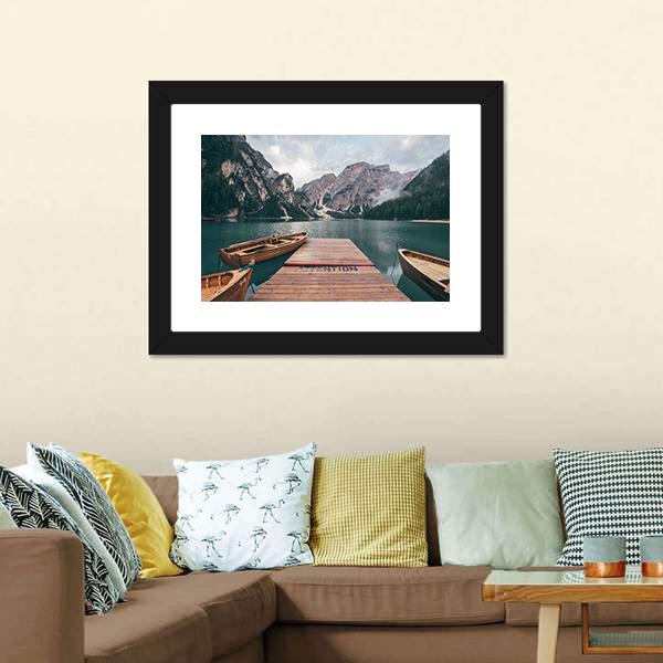 Boats On Lake Braies Canvas Wall Art-3 Horizontal-Gallery Wrap-25" x 16"-Tiaracle