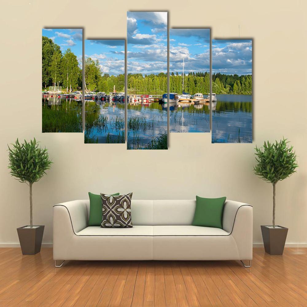 Boats On Lake In Jyvaskyla Canvas Wall Art-5 Pop-Gallery Wrap-47" x 32"-Tiaracle