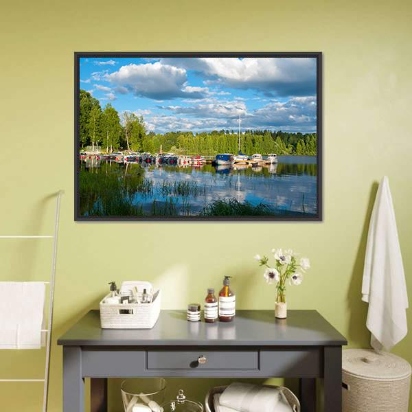 Boats On Lake In Jyvaskyla Canvas Wall Art-3 Horizontal-Gallery Wrap-25" x 16"-Tiaracle