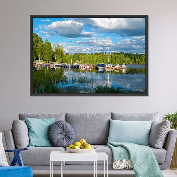 Boats On Lake In Jyvaskyla Canvas Wall Art-1 Piece-Floating Frame-24" x 16"-Tiaracle