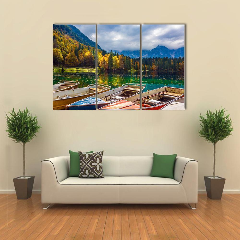 Boats On Lago De Fusine Canvas Wall Art-3 Horizontal-Gallery Wrap-37" x 24"-Tiaracle