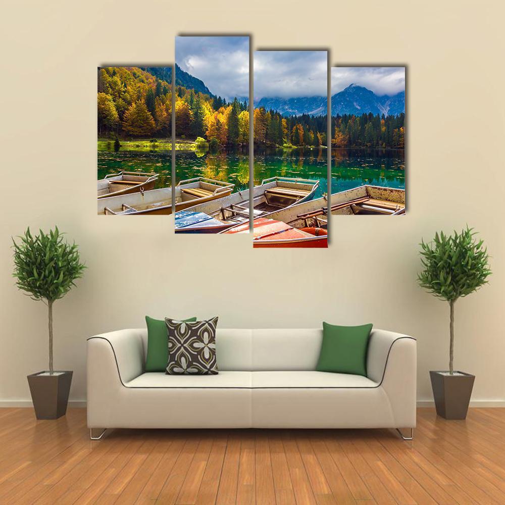Boats On Lago De Fusine Canvas Wall Art-4 Pop-Gallery Wrap-50" x 32"-Tiaracle