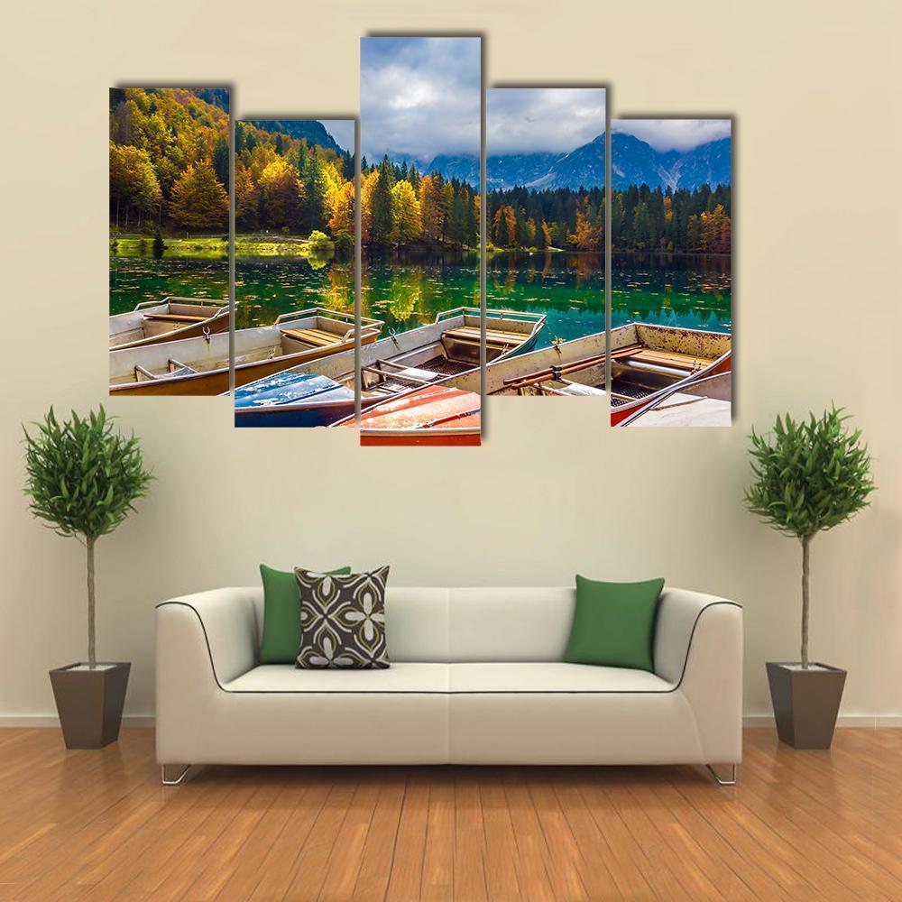 Boats On Lago De Fusine Canvas Wall Art-5 Pop-Gallery Wrap-47" x 32"-Tiaracle