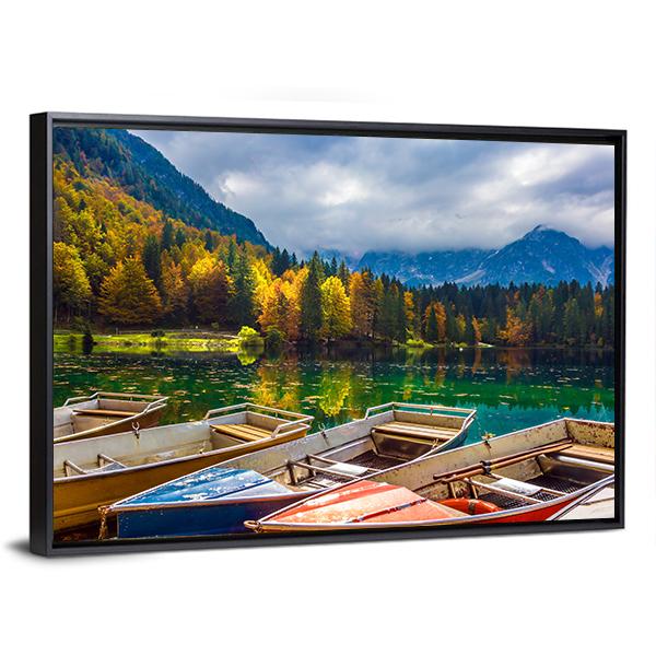 Boats On Lago De Fusine Canvas Wall Art-3 Horizontal-Gallery Wrap-25" x 16"-Tiaracle