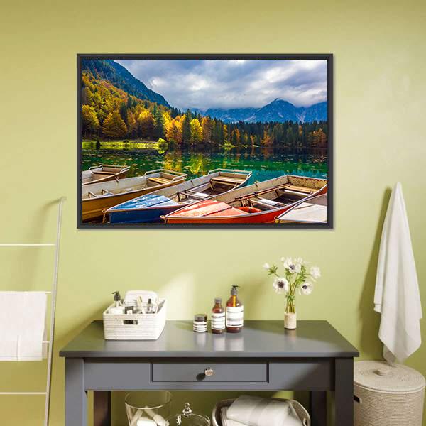 Boats On Lago De Fusine Canvas Wall Art-3 Horizontal-Gallery Wrap-25" x 16"-Tiaracle