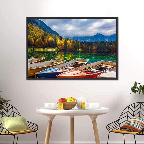 Boats On Lago De Fusine Canvas Wall Art-3 Horizontal-Gallery Wrap-25" x 16"-Tiaracle