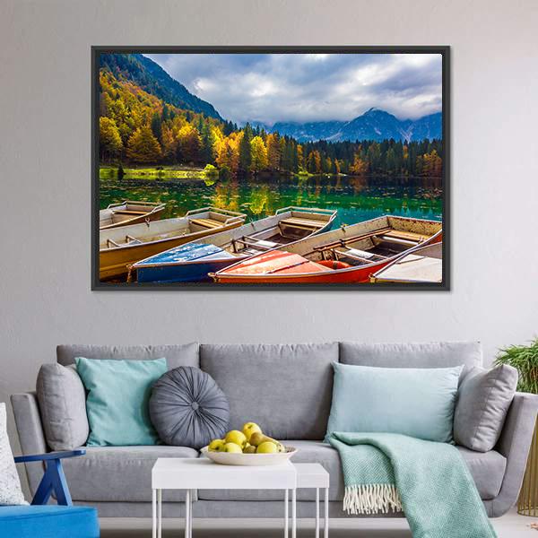 Boats On Lago De Fusine Canvas Wall Art-1 Piece-Floating Frame-24" x 16"-Tiaracle