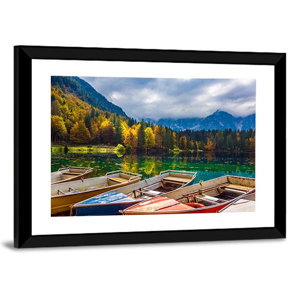Boats On Lago De Fusine Canvas Wall Art-3 Horizontal-Gallery Wrap-25" x 16"-Tiaracle