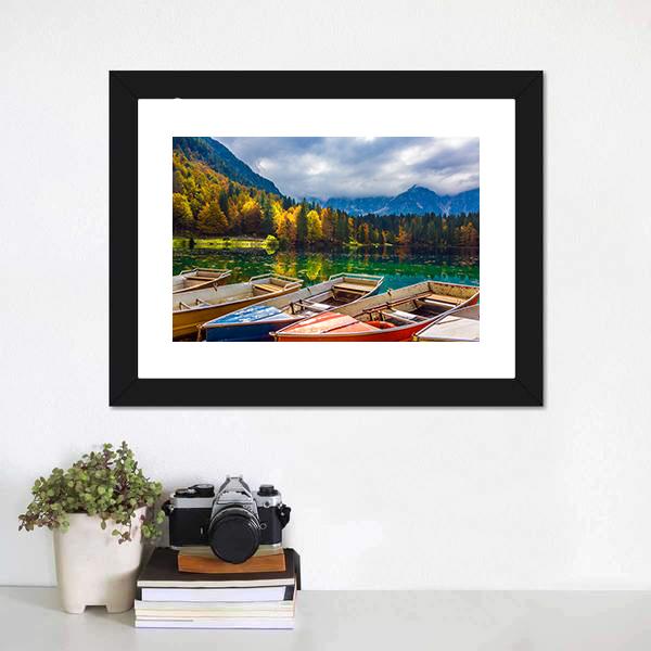 Boats On Lago De Fusine Canvas Wall Art-1 Piece-Framed Print-20" x 16"-Tiaracle