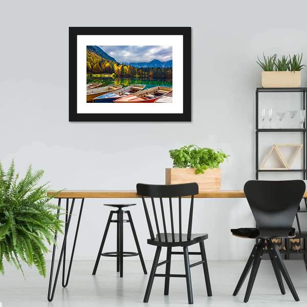Boats On Lago De Fusine Canvas Wall Art-3 Horizontal-Gallery Wrap-25" x 16"-Tiaracle