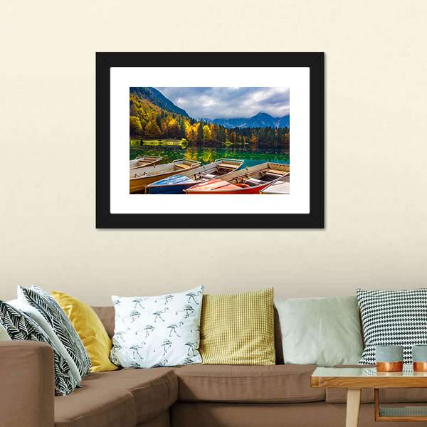 Boats On Lago De Fusine Canvas Wall Art-3 Horizontal-Gallery Wrap-25" x 16"-Tiaracle