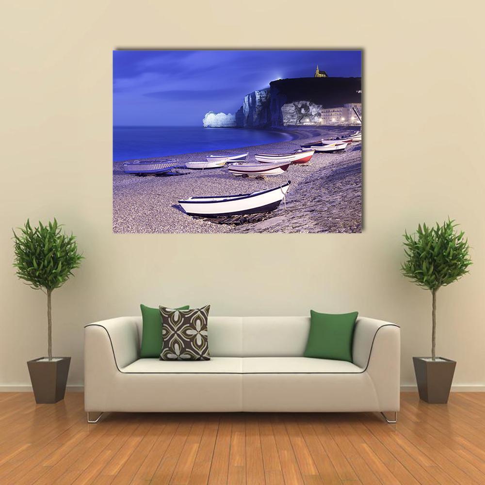 Normandy Boats at Twilight Canvas Wall Art in gray, blue and purple, single panel hung on a wall