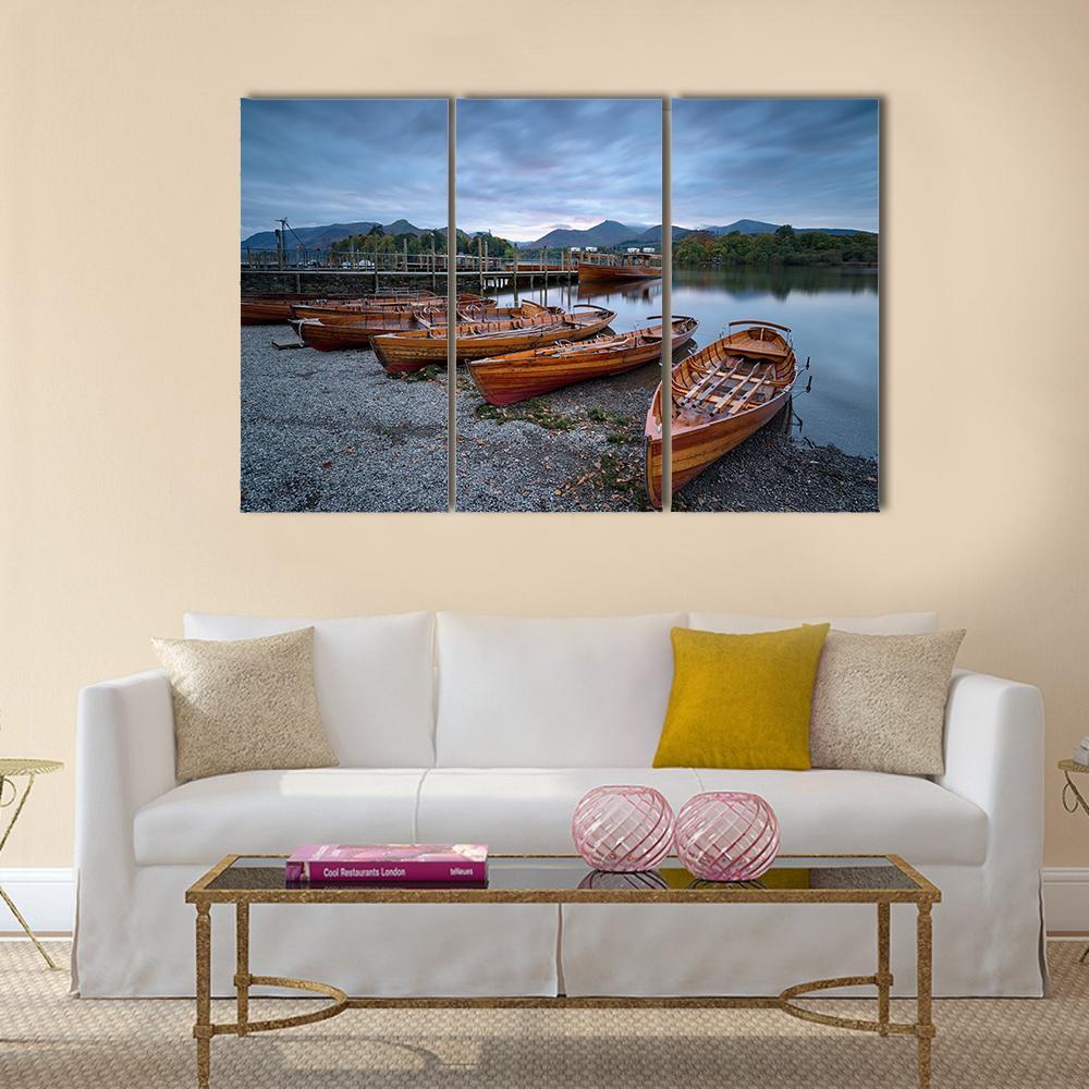 Boats On Shore Canvas Wall Art-3 Horizontal-Gallery Wrap-37" x 24"-Tiaracle
