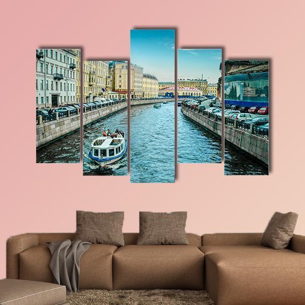Boats On Moyka River Canvas Wall Art-5 Pop-Gallery Wrap-47" x 32"-Tiaracle
