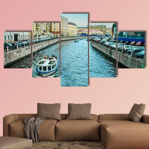 Boats On Moyka River Canvas Wall Art-5 Star-Gallery Wrap-62" x 32"-Tiaracle