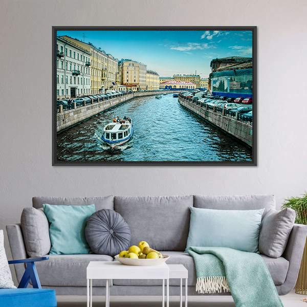 Boats On Moyka River Canvas Wall Art-1 Piece-Floating Frame-24" x 16"-Tiaracle