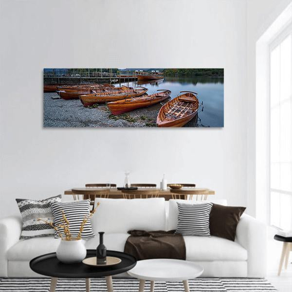 Boats On Shore Panoramic Canvas Wall Art-3 Piece-25" x 08"-Tiaracle