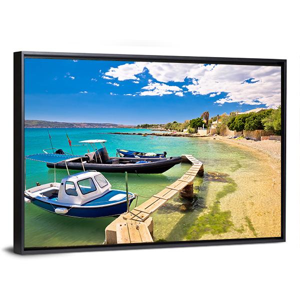 Boats On Turquoise Beach Canvas Wall Art-3 Horizontal-Gallery Wrap-25" x 16"-Tiaracle