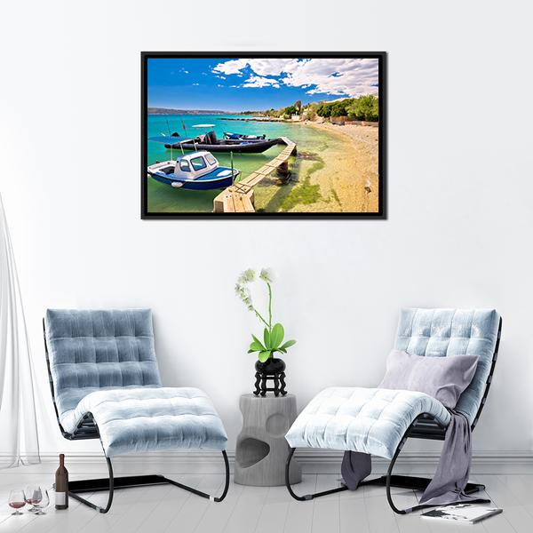 Boats On Turquoise Beach Canvas Wall Art-1 Piece-Floating Frame-24" x 16"-Tiaracle