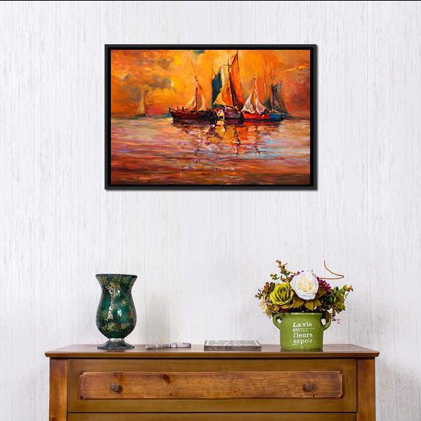 Boats &amp; Sea Illustration Canvas Wall Art-1 Piece-Floating Frame-24" x 16"-Tiaracle
