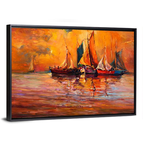 Boats & Sea Illustration Canvas Wall Art-5 Horizontal-Gallery Wrap-22" x 12"-Tiaracle