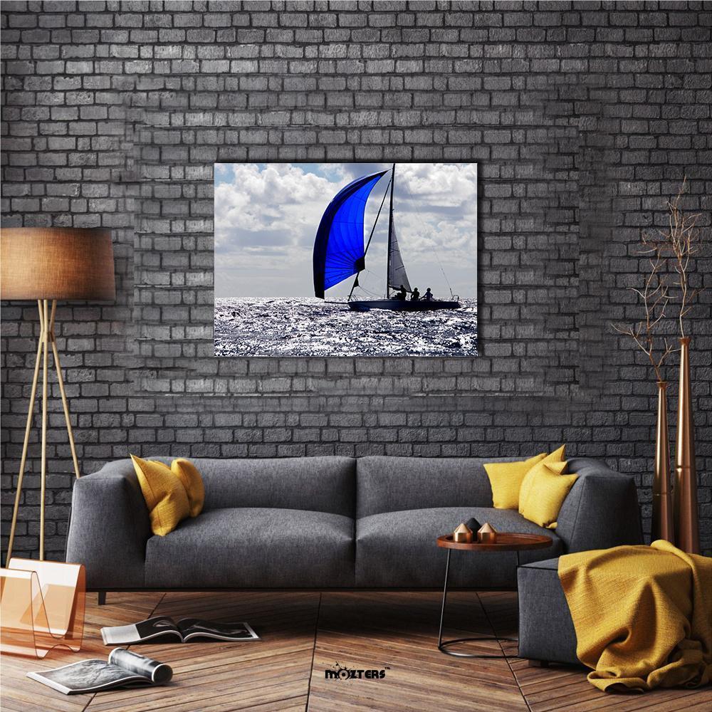 Sailboat with Bright Blue Spinnaker Canvas Wall Art in white, gray and blue, single panel hung on a wall