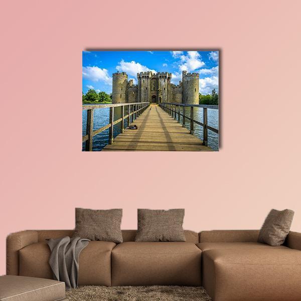 Bodiam Castle England Canvas Wall Art in gray, brown and blue, single panel hung on a wall