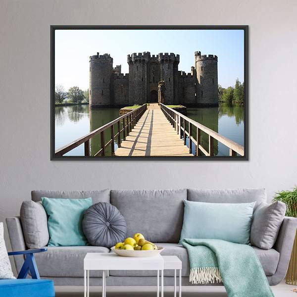 Bodiam Castle with Drawbridge and Moat Canvas Wall Art in gray, brown and blue, framed canvas, product view on a white background