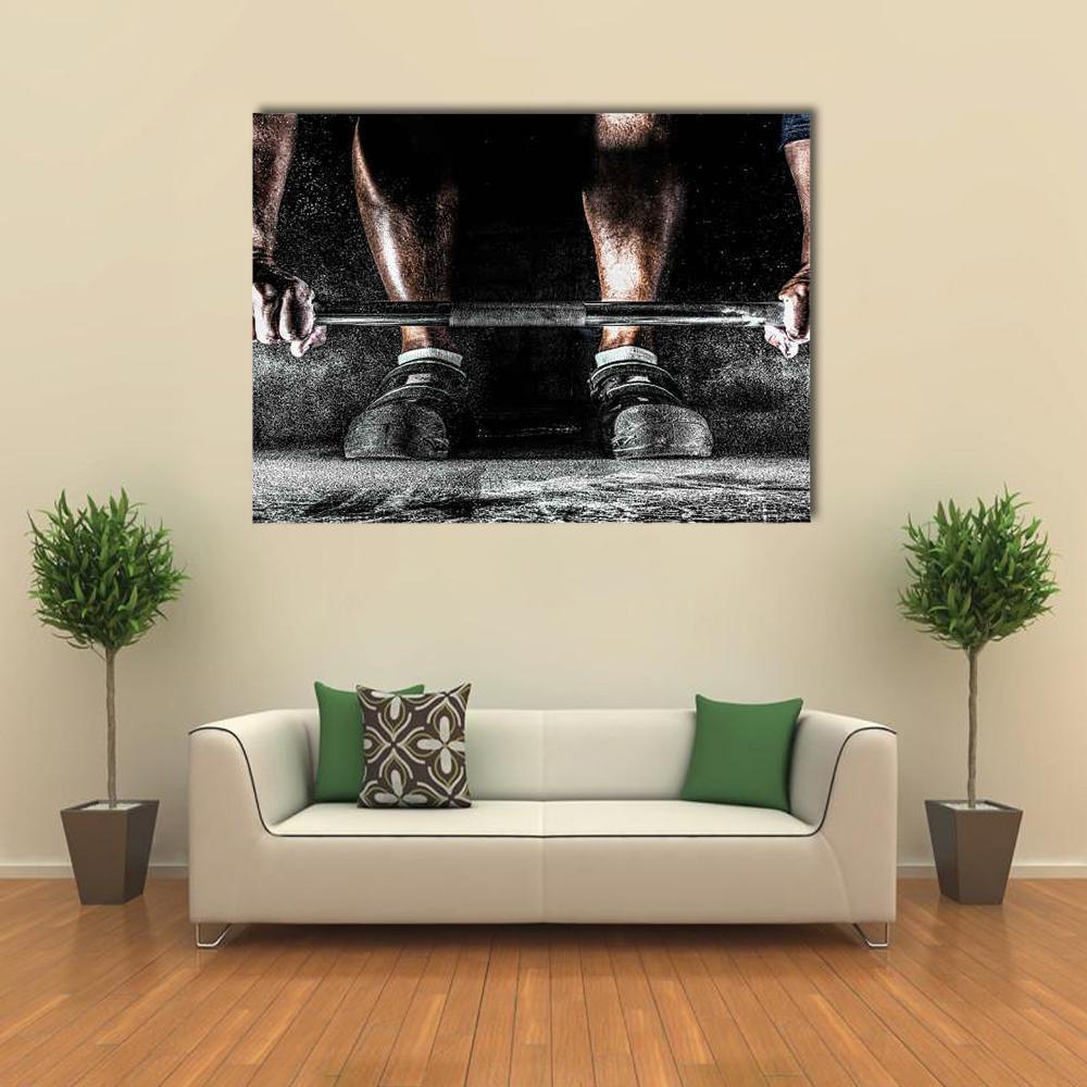 Bodybuilder Motivation Canvas Wall Art in black, white and gray, 3 panel horizontal set hung on a wall
