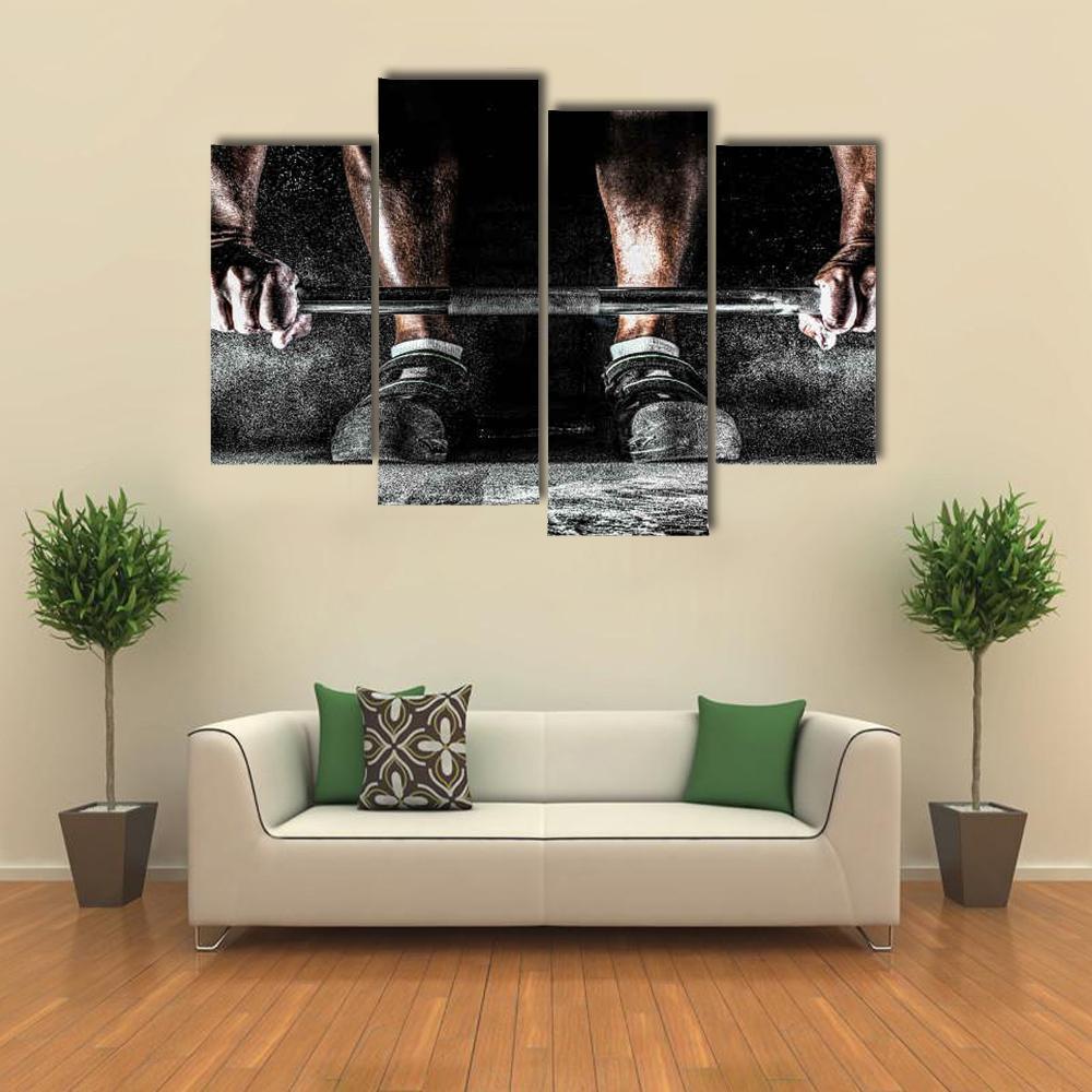 Bodybuilder Motivation Canvas Wall Art in black, white and gray, 3 panel horizontal set hung on a wall