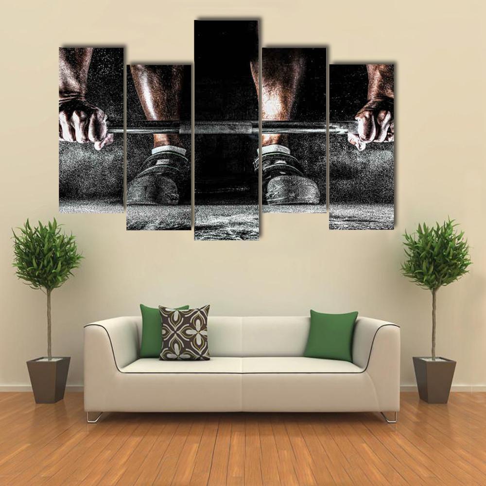 Bodybuilder Motivation Canvas Wall Art in black, white and gray, 3 panel horizontal set hung on a wall