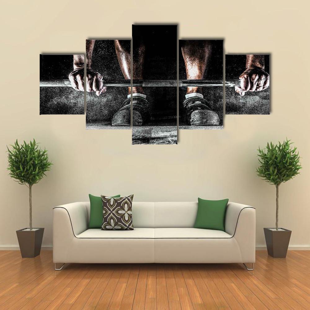 Bodybuilder Motivation Canvas Wall Art in black, white and gray, 3 panel horizontal set hung on a wall