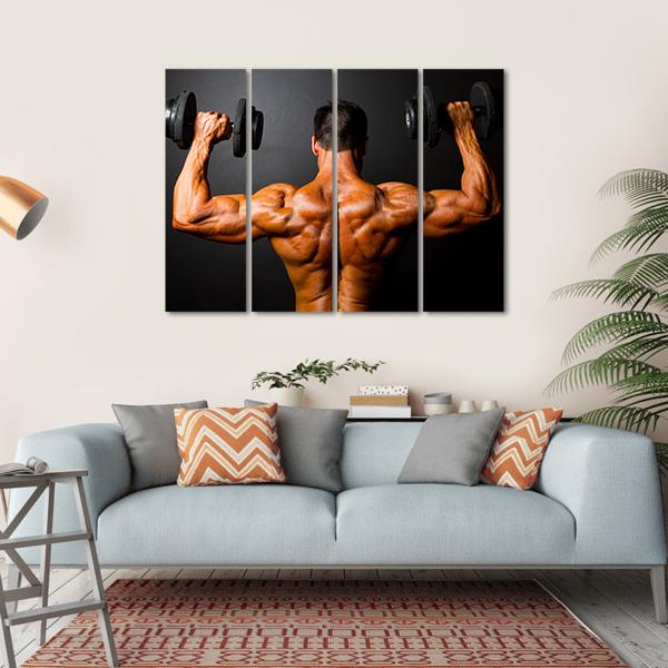 Bodybuilder Training With Dumbbells Canvas Wall Art-4 Horizontal-Gallery Wrap-34" x 24"-Tiaracle