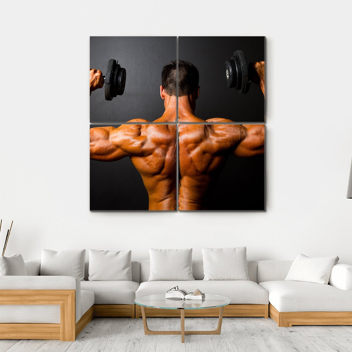 Bodybuilder Training With Dumbbells Canvas Wall Art-4 Square-Gallery Wrap-17" x 17"-Tiaracle