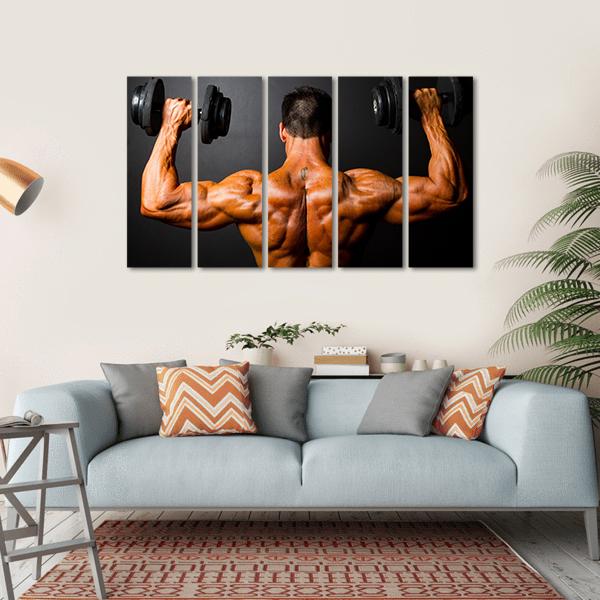 Bodybuilder Training With Dumbbells Canvas Wall Art-5 Horizontal-Gallery Wrap-22" x 12"-Tiaracle