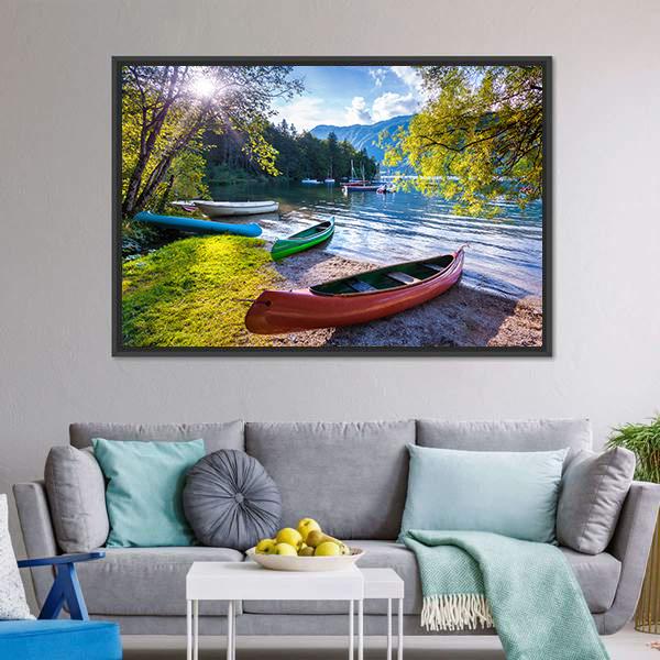 Bohinj Lake With Boats Canvas Wall Art-1 Piece-Floating Frame-24" x 16"-Tiaracle