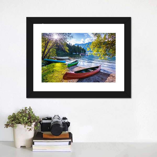 Bohinj Lake With Boats Canvas Wall Art-1 Piece-Framed Print-20" x 16"-Tiaracle