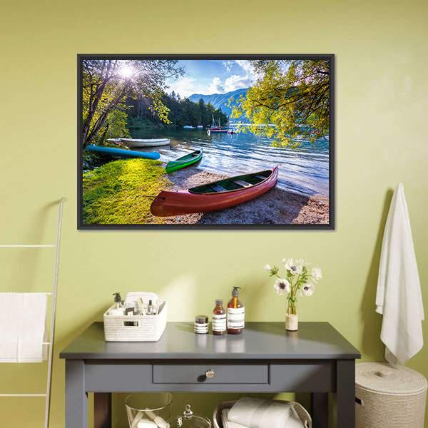 Bohinj Lake With Boats Canvas Wall Art-5 Horizontal-Gallery Wrap-22" x 12"-Tiaracle