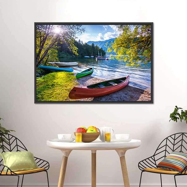 Bohinj Lake With Boats Canvas Wall Art-5 Horizontal-Gallery Wrap-22" x 12"-Tiaracle