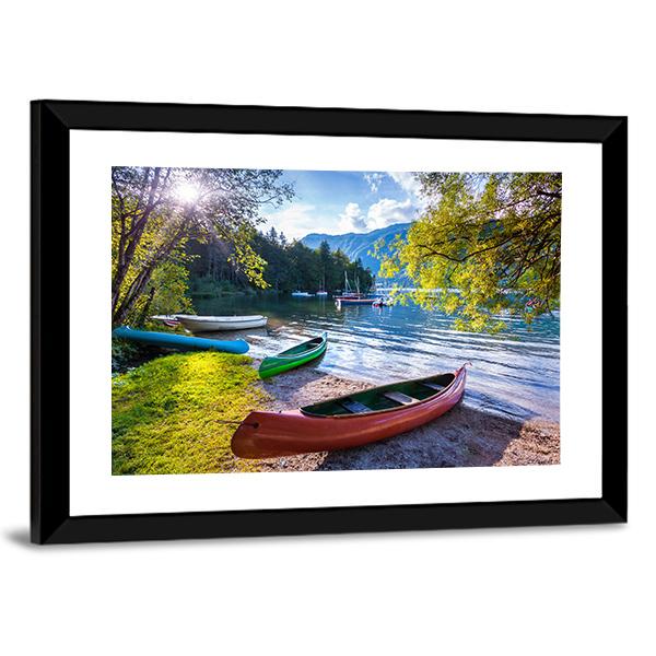 Bohinj Lake With Boats Canvas Wall Art-5 Horizontal-Gallery Wrap-22" x 12"-Tiaracle
