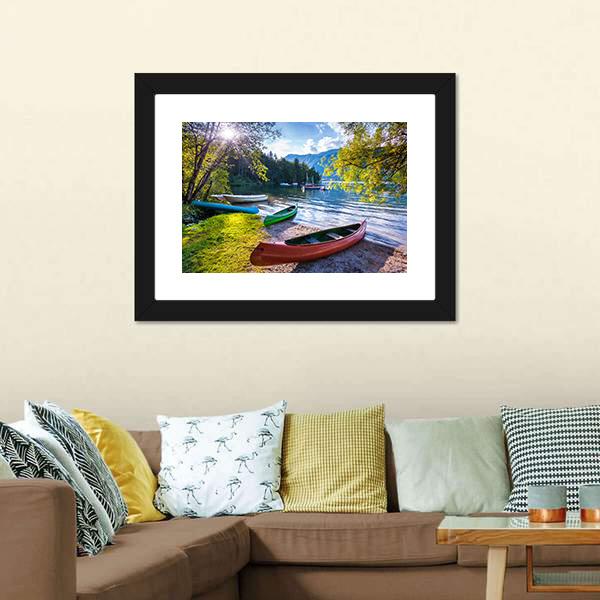 Bohinj Lake With Boats Canvas Wall Art-5 Horizontal-Gallery Wrap-22" x 12"-Tiaracle