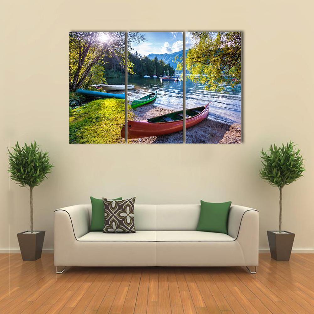 Bohinj Lake With Boats Canvas Wall Art-3 Horizontal-Gallery Wrap-37" x 24"-Tiaracle